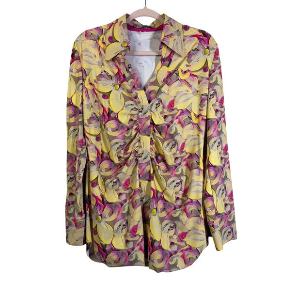 CHIARA BONI Blouse LG Point Collar V-Neck Split Cuffs Ruched Split Cuffs Floral - Picture 3 of 14